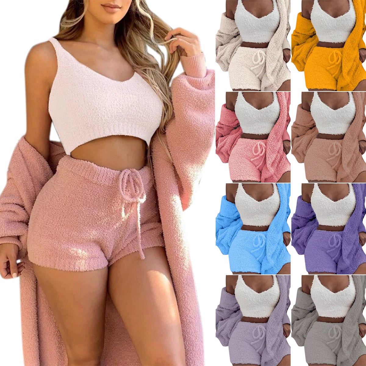 3pcs Womens Clothing Long Sleeve Crop Tank Top And Drawstring Shorts Pajama Set view 16
