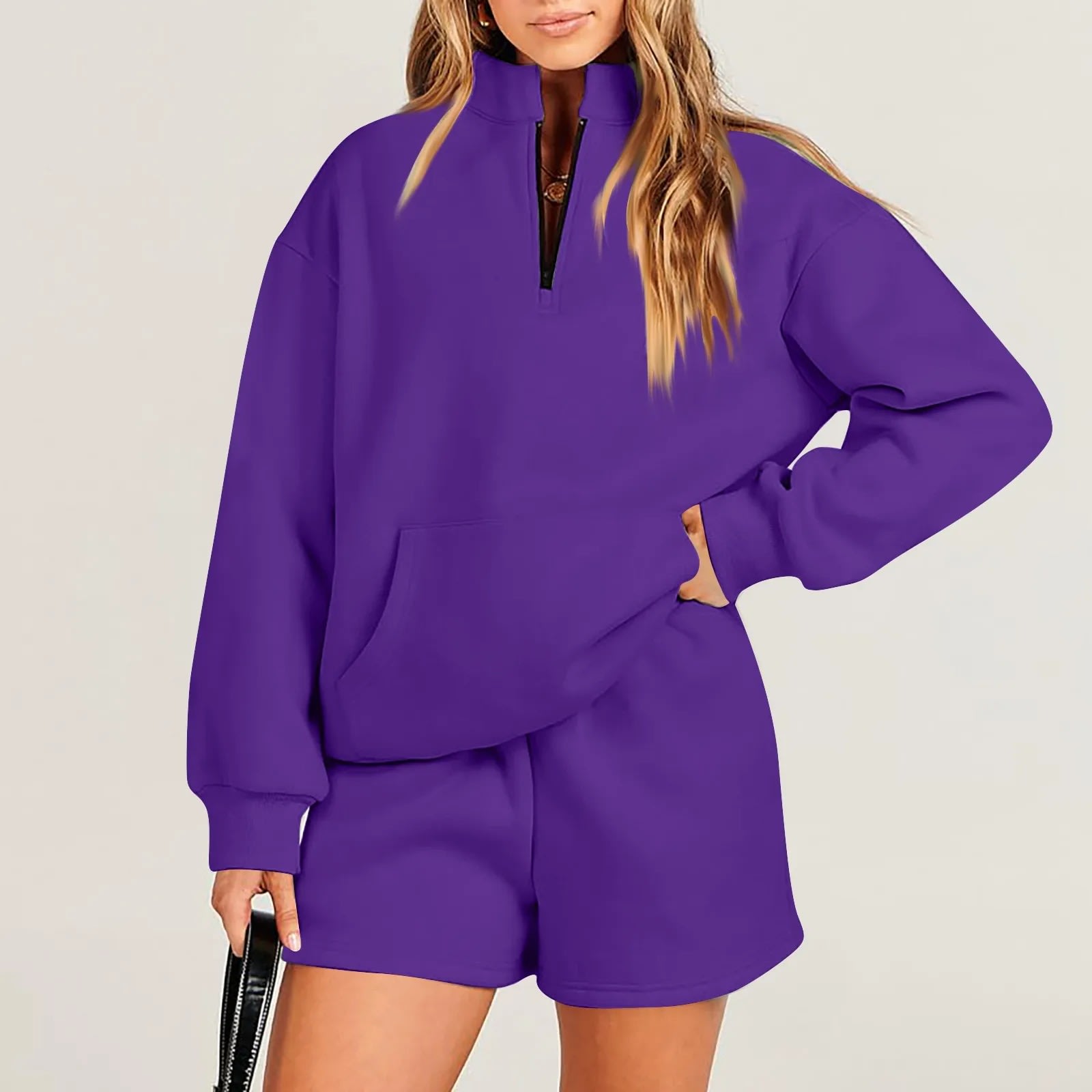 Women's Fashion Solid Color Stand Collar Half Zip Pullover Long Sleeve Sweater Shorts Suit view 9