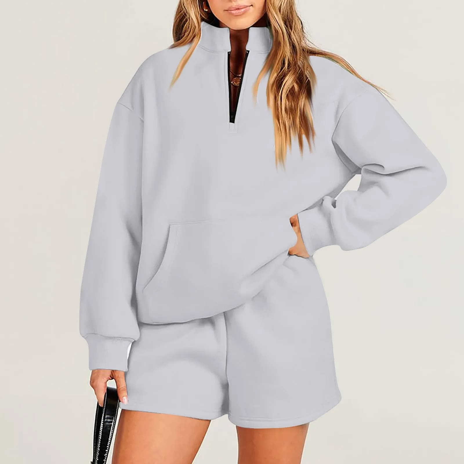 Women's Fashion Solid Color Stand Collar Half Zip Pullover Long Sleeve Sweater Shorts Suit view 4