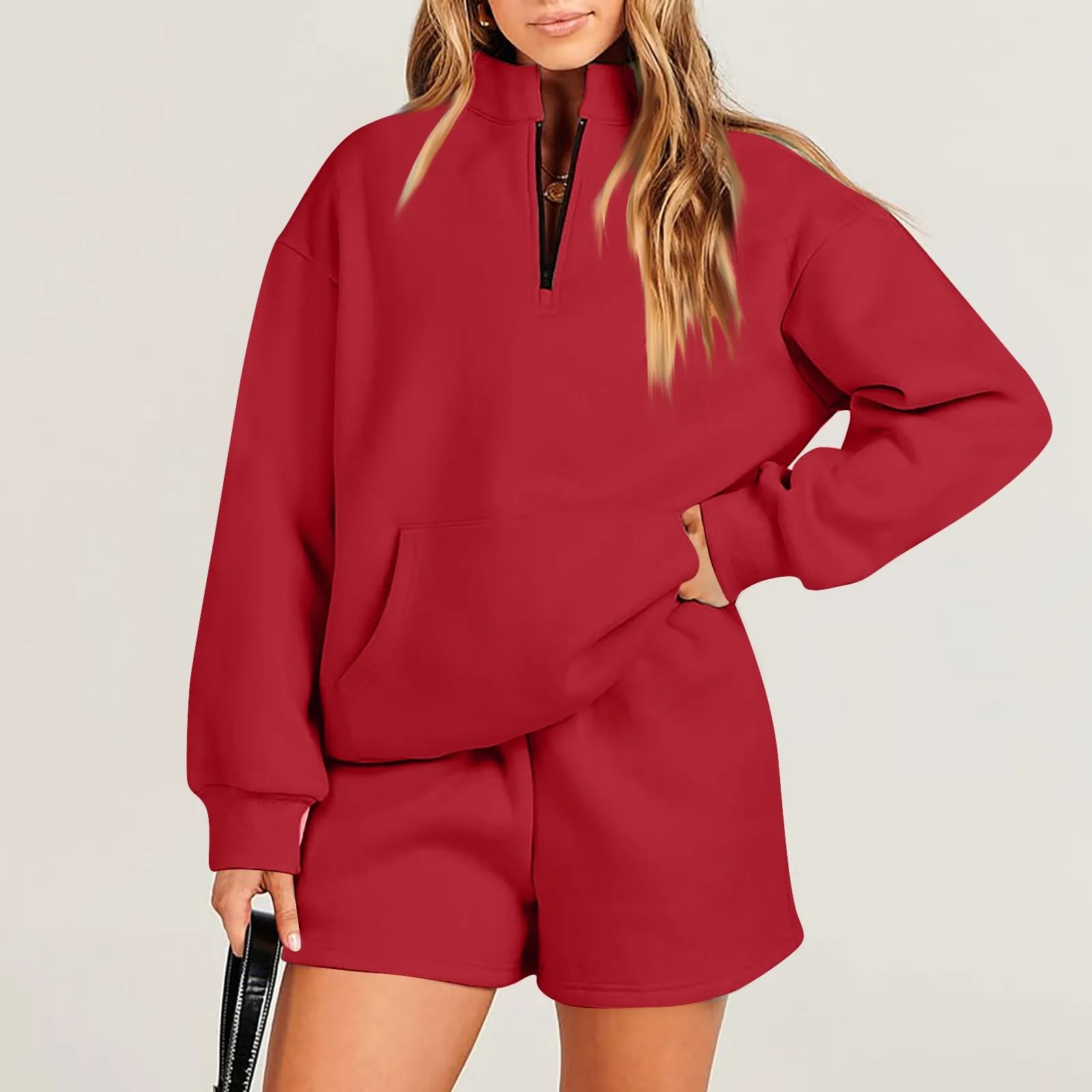 Women's Fashion Solid Color Stand Collar Half Zip Pullover Long Sleeve Sweater Shorts Suit view 5