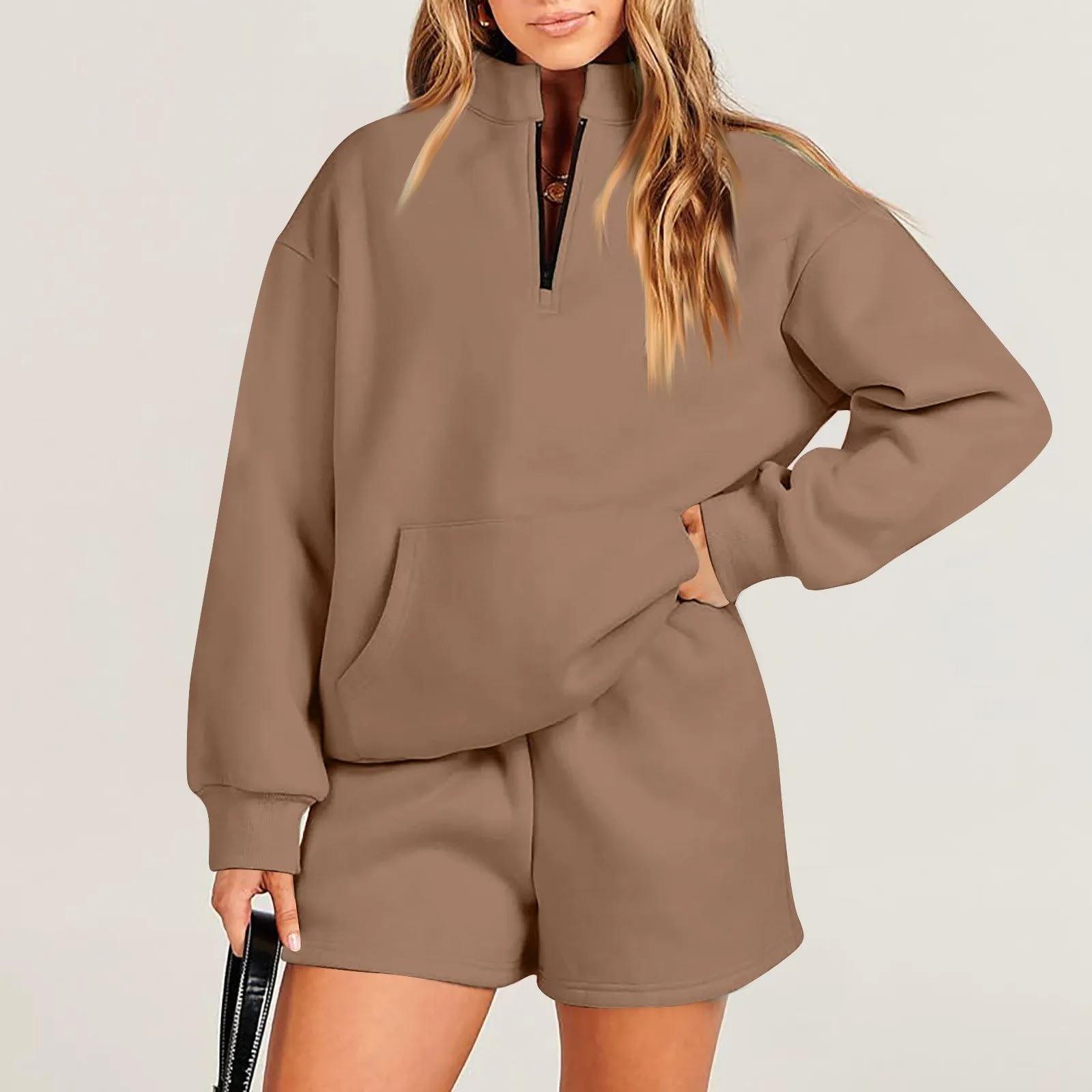 Women's Fashion Solid Color Stand Collar Half Zip Pullover Long Sleeve Sweater Shorts Suit view 3