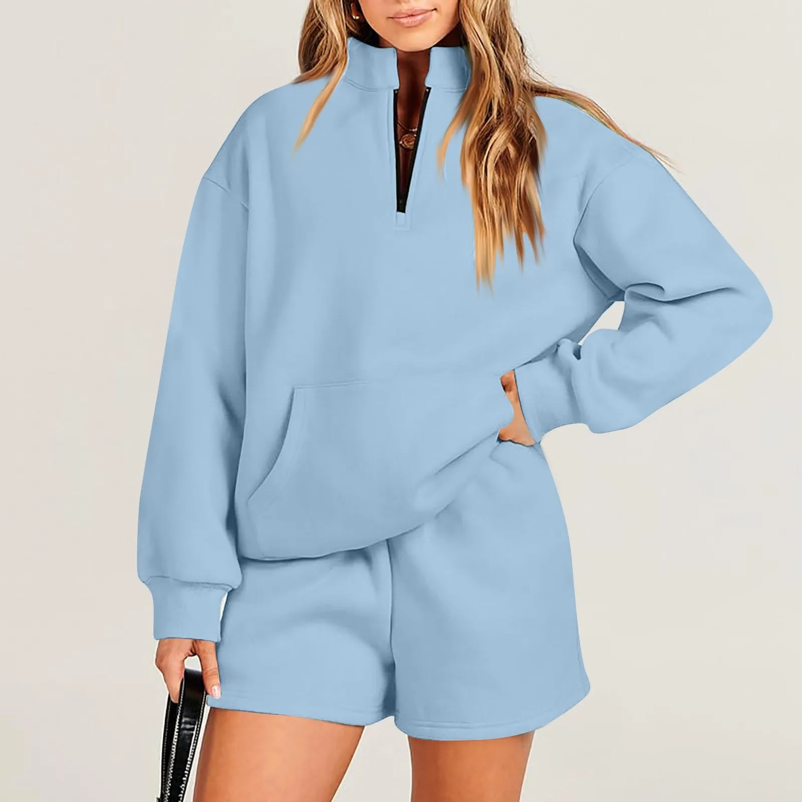 Women's Fashion Solid Color Stand Collar Half Zip Pullover Long Sleeve Sweater Shorts Suit view 6