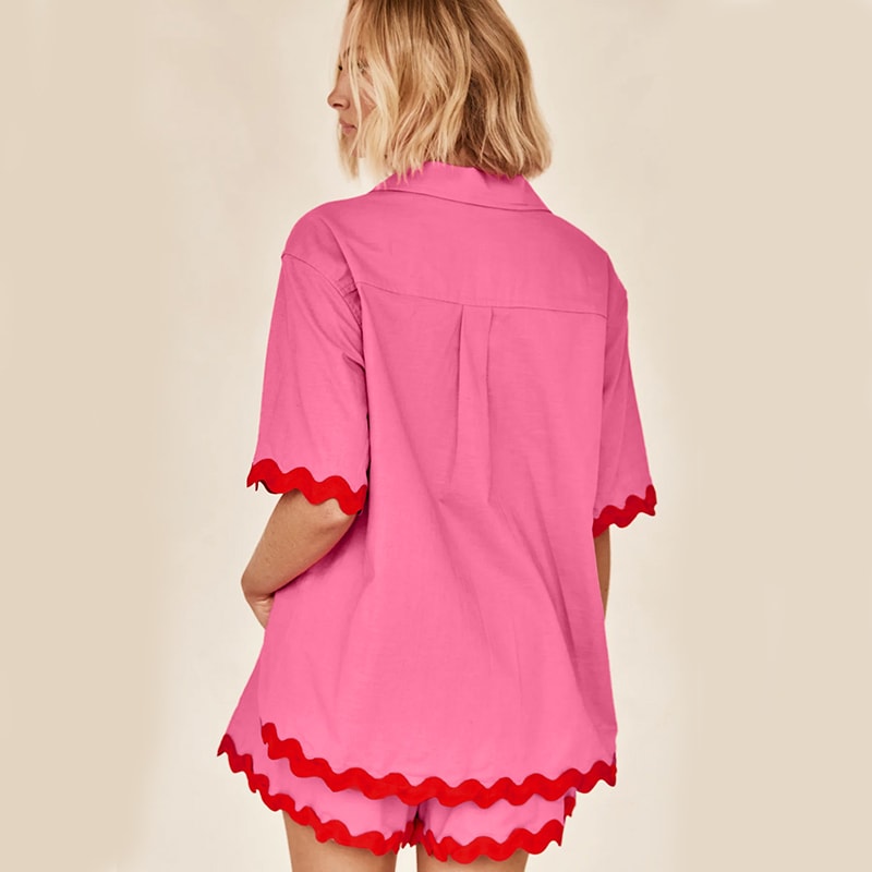 2Pcs Summer Shirt Suit With Short-sleeved V-neck Shirt And Shorts Fashion Wave Print Suits For Womens Clothing view 5