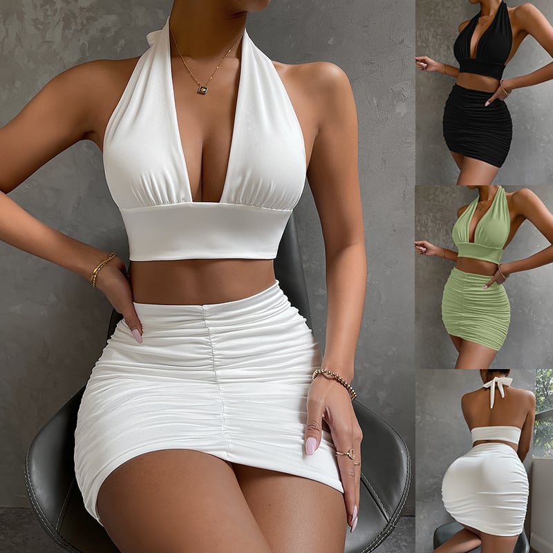 2pcs Dress Suits For Women Halter Lace-up Hip Top And Pleated Hip-covering Skirt view 3