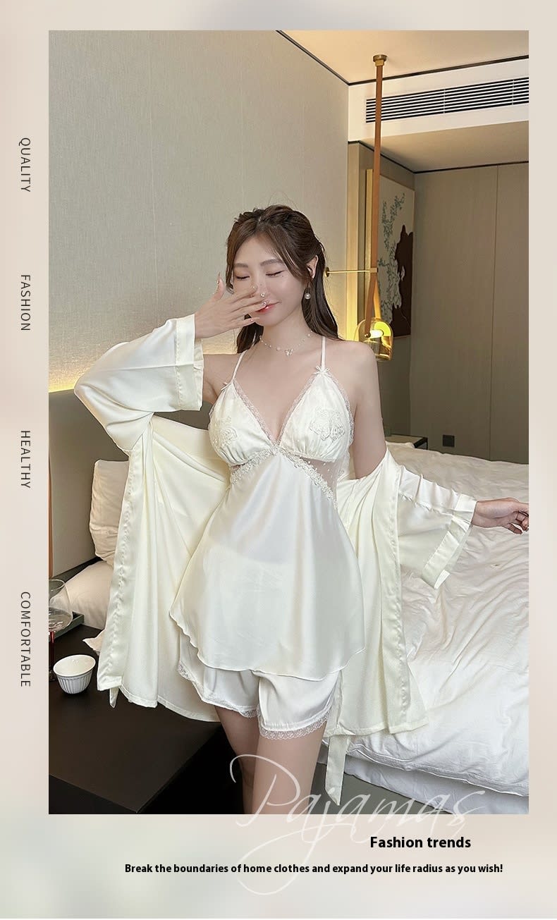 Butterflies And Polka Dots Hollow-out Lace Beautiful Back Suspender Shorts Outerwear Gown Silk Women's Homewear With Chest Pad view 6