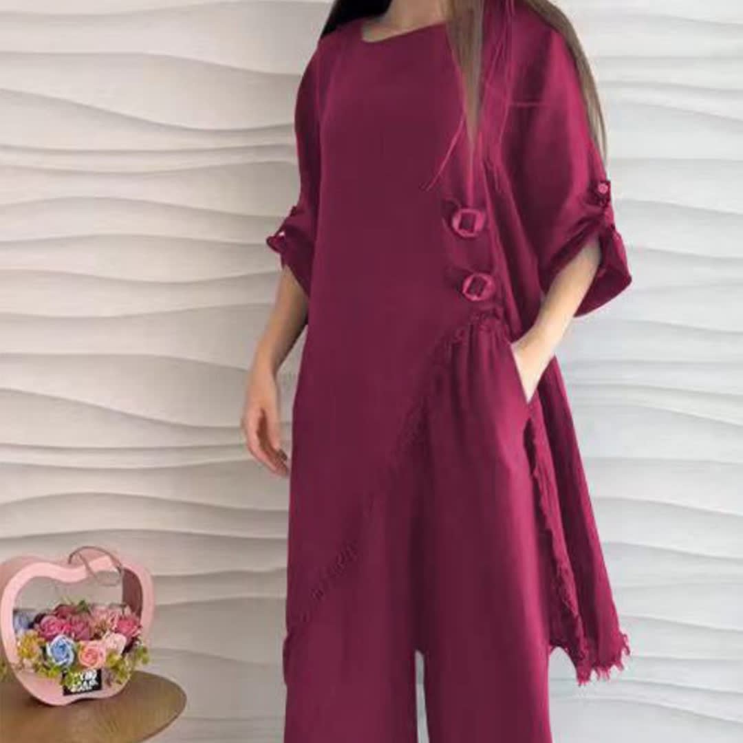 Loose And Irregular Half Sleeve Mid-length Top Loose-fitting Wide-leg Trousers