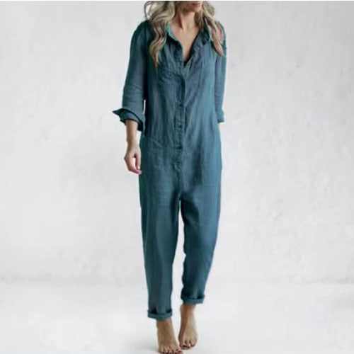 Casual Long Sleeve Jumpsuit With Pockets Fashion Loose Lapel Button Romper Pants Womens Clothing view 5
