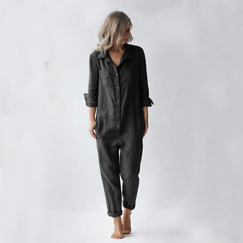 Casual Long Sleeve Jumpsuit With Pockets Fashion Loose Lapel Button Romper Pants Womens Clothing view 3