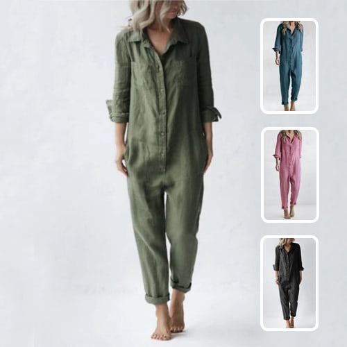 Casual Long Sleeve Jumpsuit With Pockets Fashion Loose Lapel Button Romper Pants Womens Clothing view 2