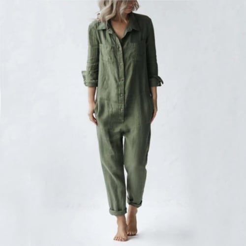 Casual Long Sleeve Jumpsuit With Pockets Fashion Loose Lapel Button Romper Pants Womens Clothing view 4