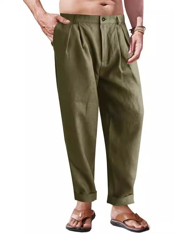 Men's Linen Trousers Double Pleated Front Pocket Straight Pure Color Comfort Breathable Casual view 14