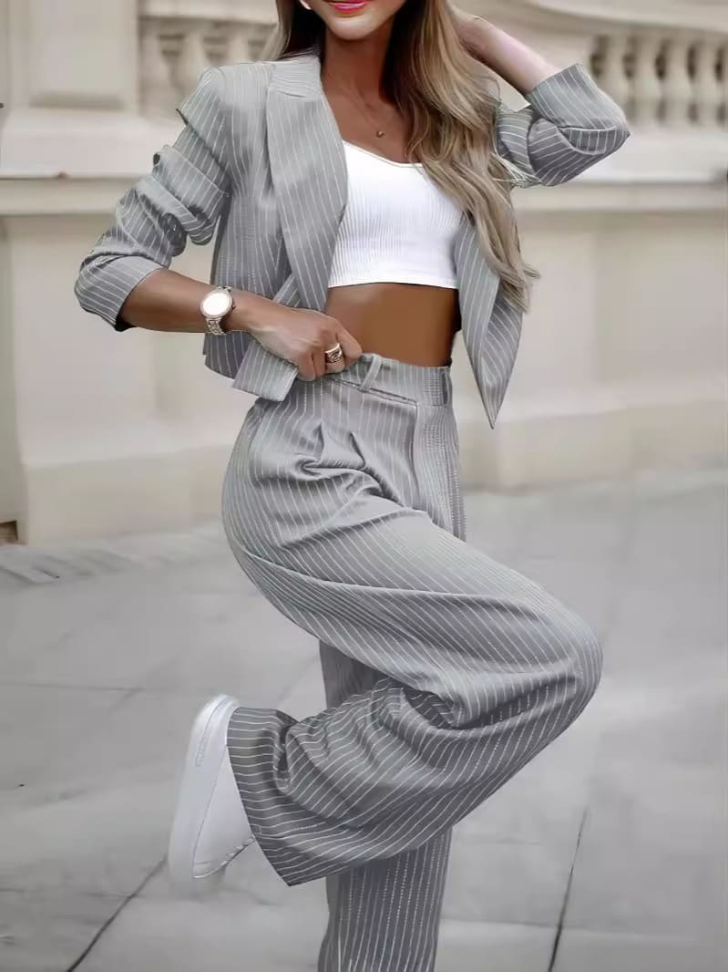 Women's Spring Fashion Striped Suits Casual Lapel Long Sleeve Cropped Top And Straight Pants Outfits Women's Clothing view 12