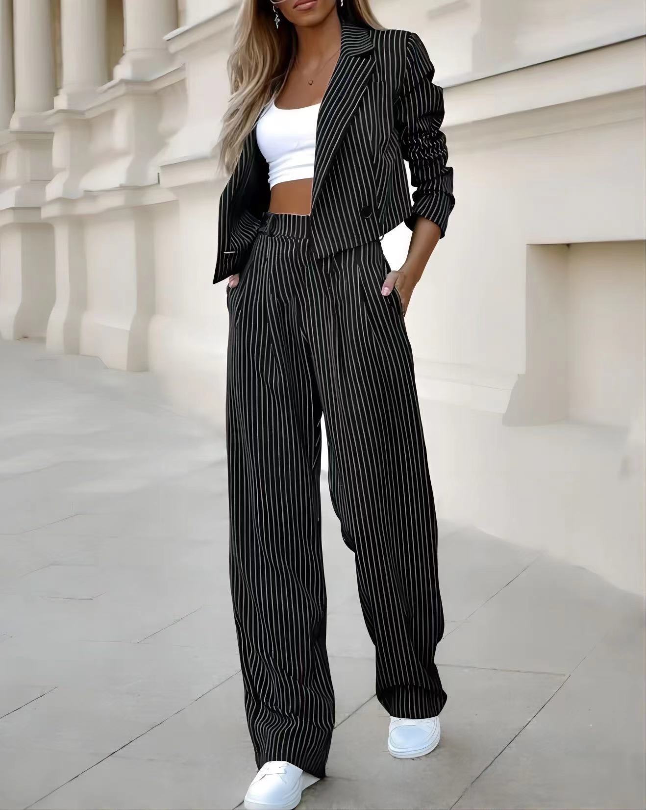 Women's Spring Fashion Striped Suits Casual Lapel Long Sleeve Cropped Top And Straight Pants Outfits Women's Clothing view 2
