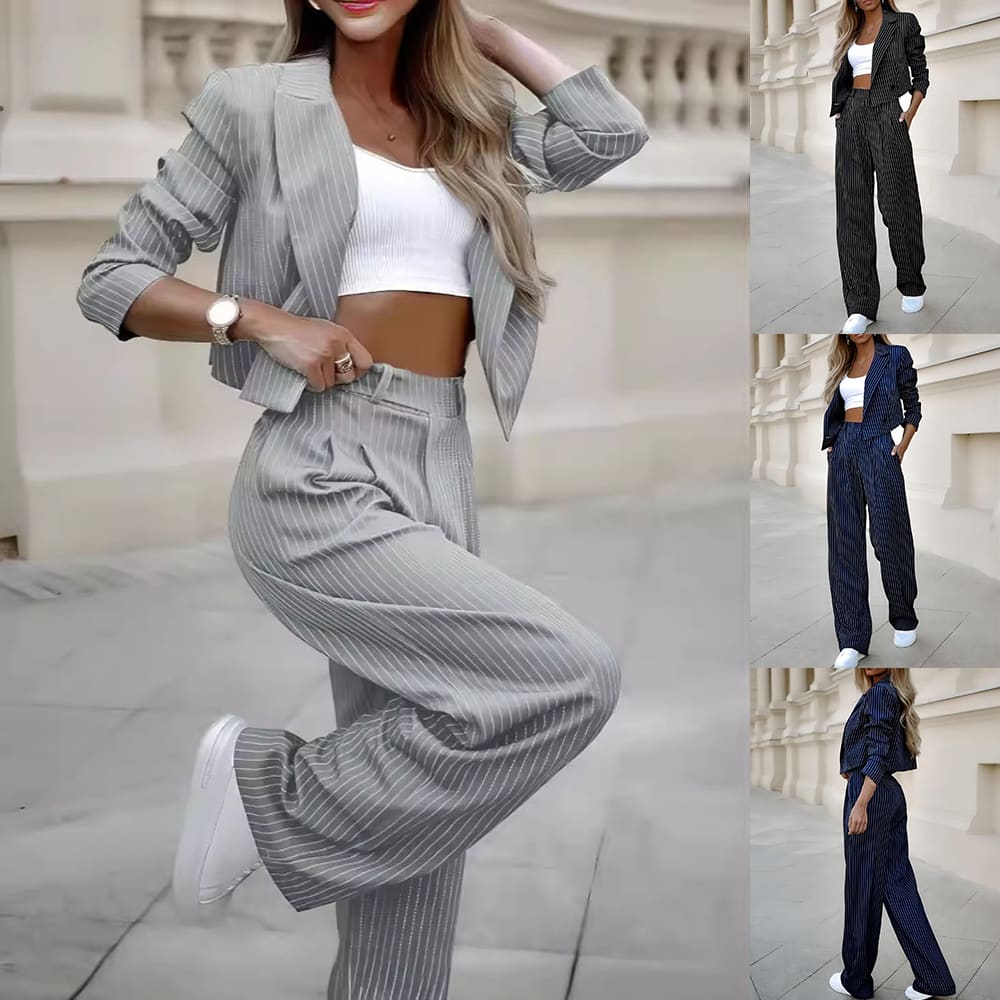 Women's Spring Fashion Striped Suits Casual Lapel Long Sleeve Cropped Top And Straight Pants Outfits Women's Clothing view 11