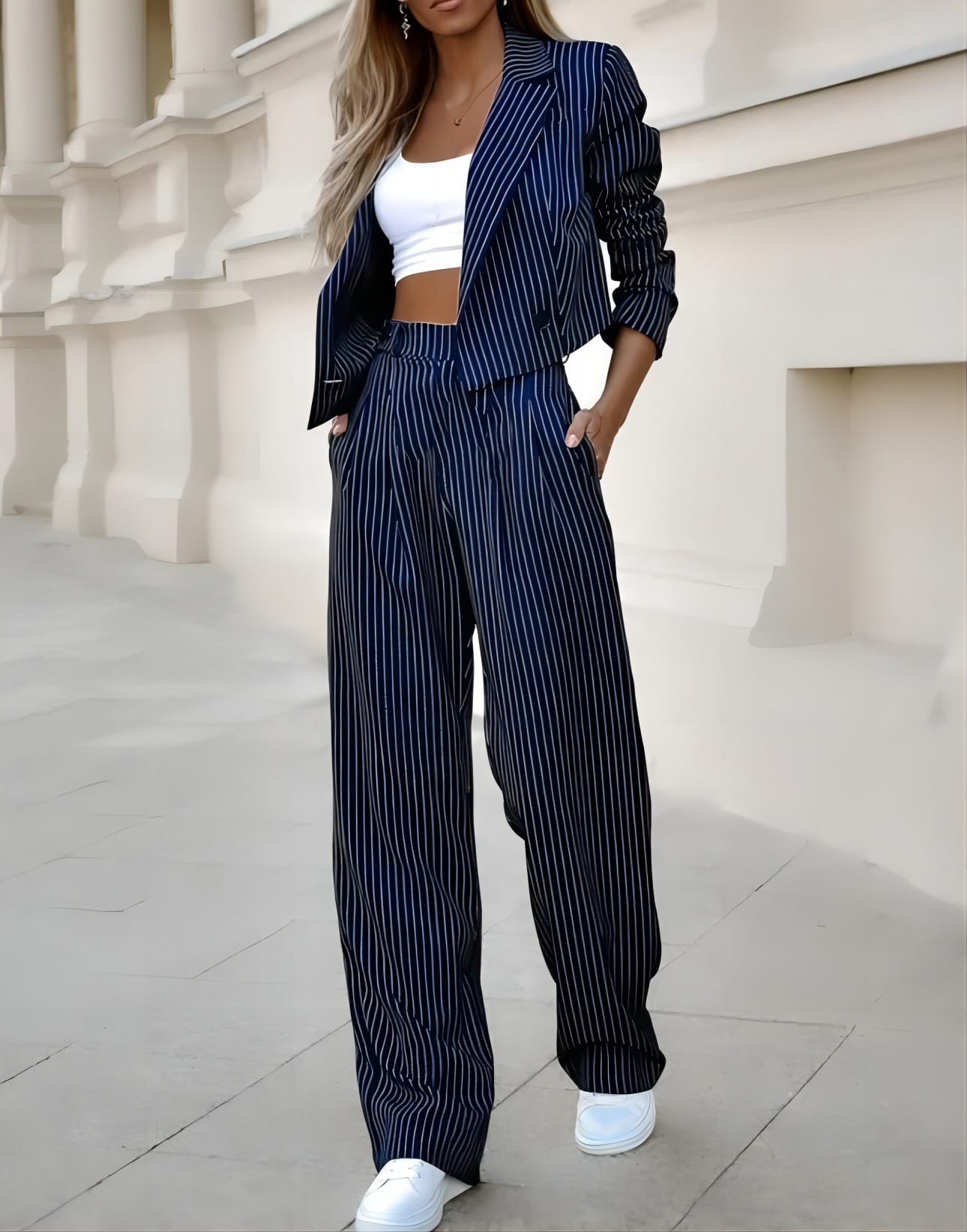 Women's Spring Fashion Striped Suits Casual Lapel Long Sleeve Cropped Top And Straight Pants Outfits Women's Clothing view 6