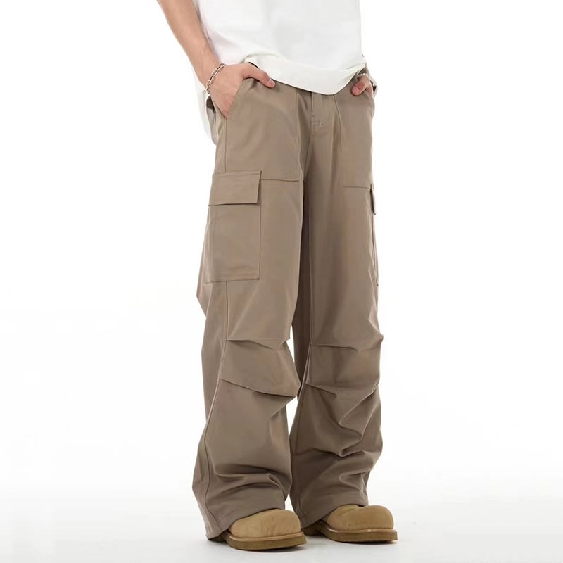 Khaki Pleated Loose Straight Casual Trousers view 2