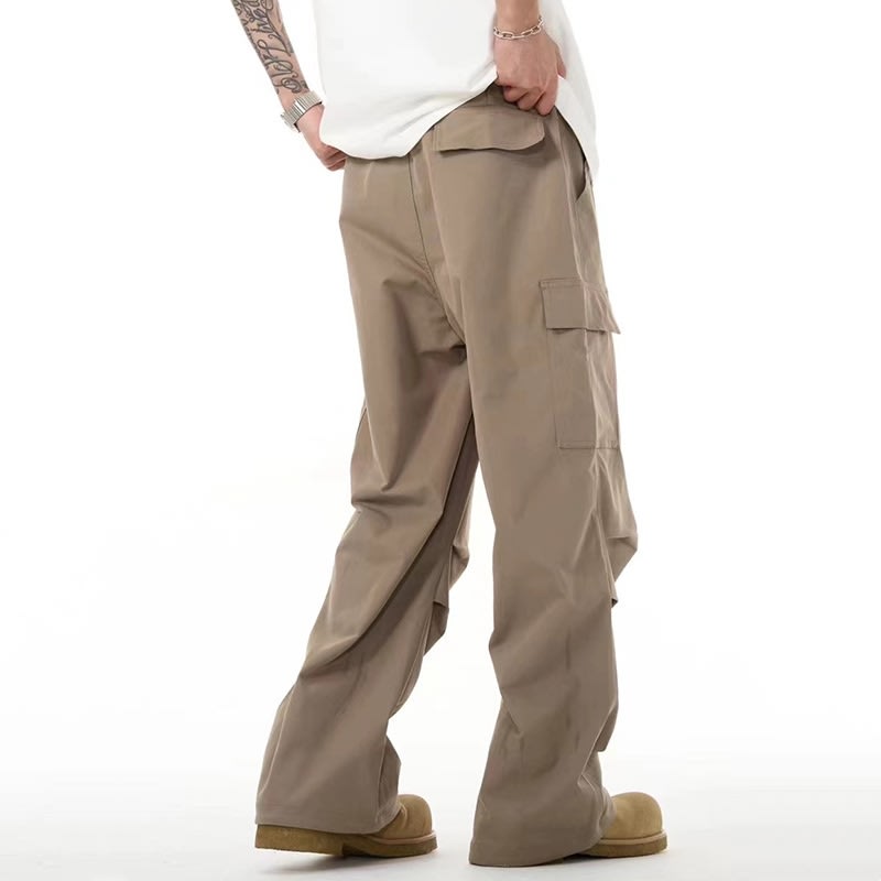 Khaki Pleated Loose Straight Casual Trousers view 3