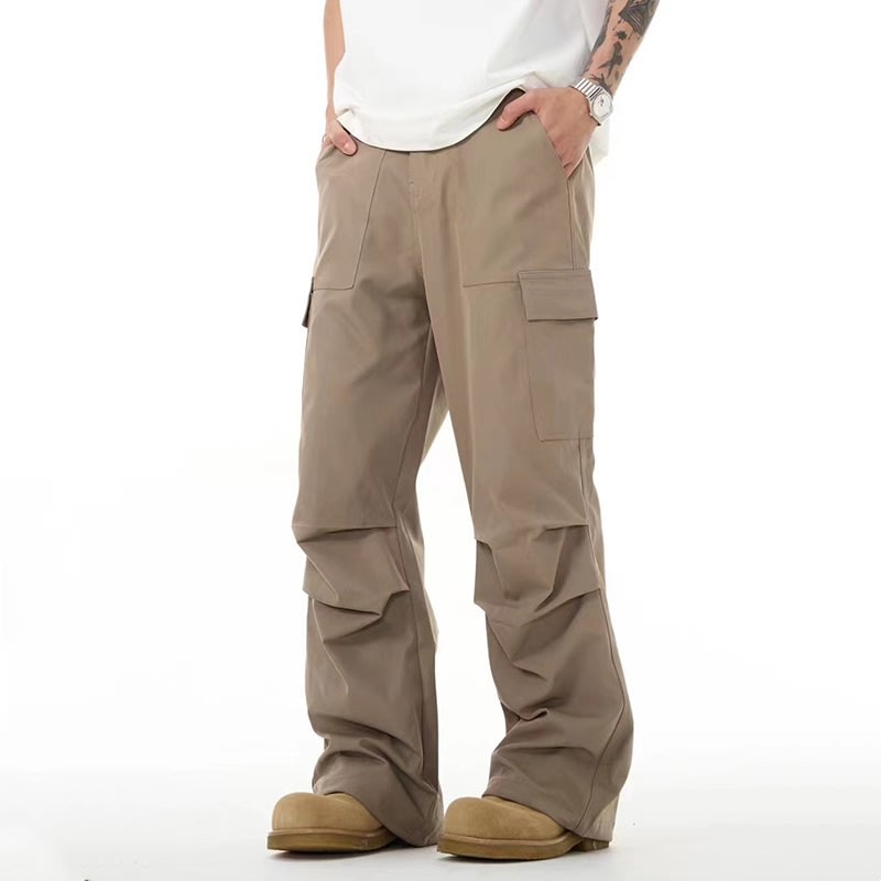 Khaki Pleated Loose Straight Casual Trousers view 4