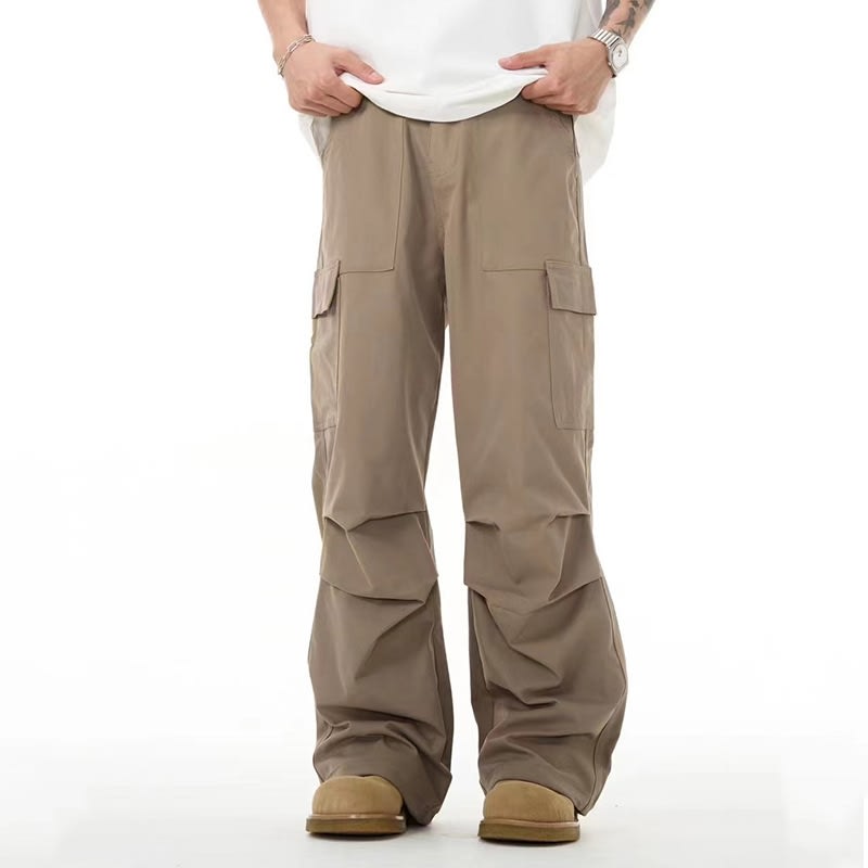 Khaki Pleated Loose Straight Casual Trousers view 5