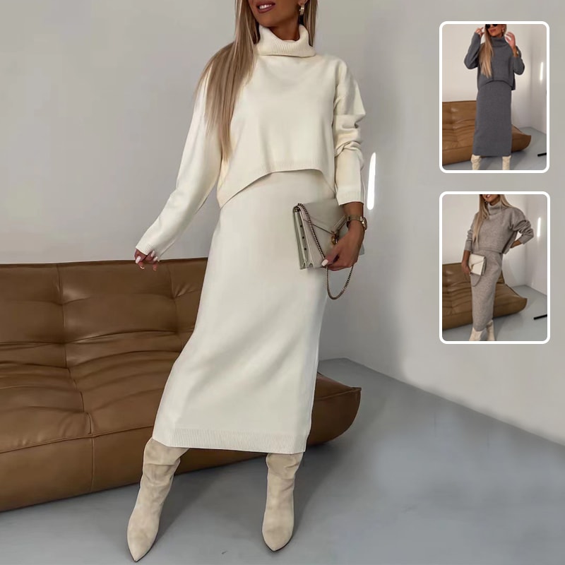 2pcs Sweater Suit Winter Fashion Turtleneck Pullover And Sleeveless Long Dress Womens Clothing view 3