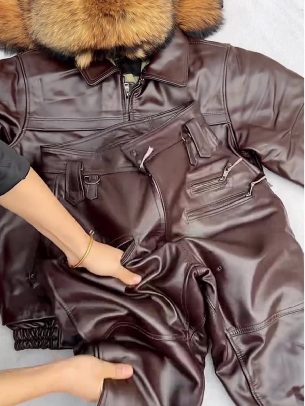 Brown With Velvet Leather Pants Loose Slimming view 3