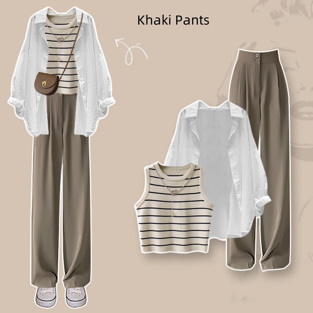Spring Suit New Niche Design Shirt Striped Vest Wide Leg Pants Three-piece Set view 3
