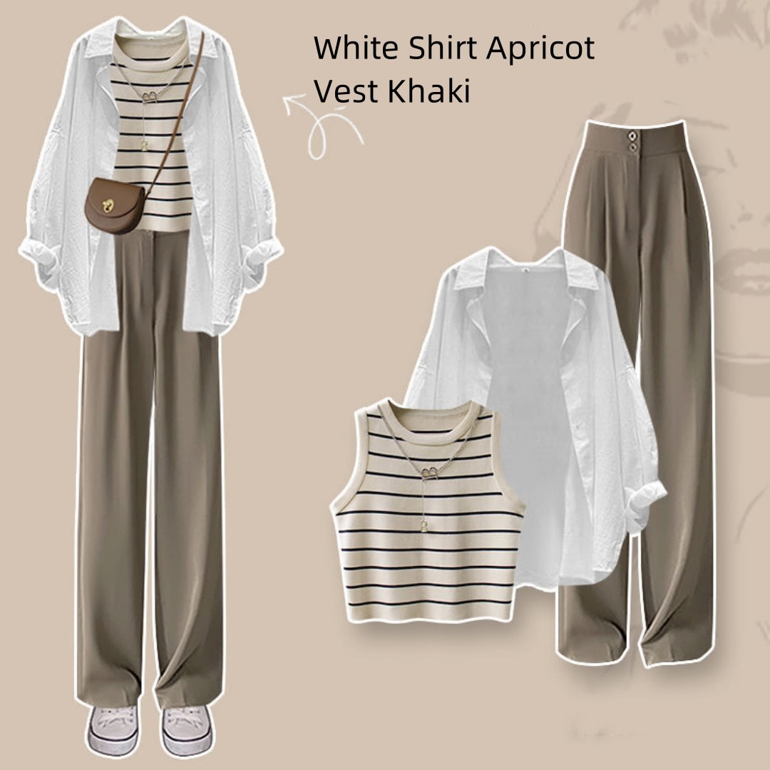 Spring Suit New Niche Design Shirt Striped Vest Wide Leg Pants Three-piece Set view 5