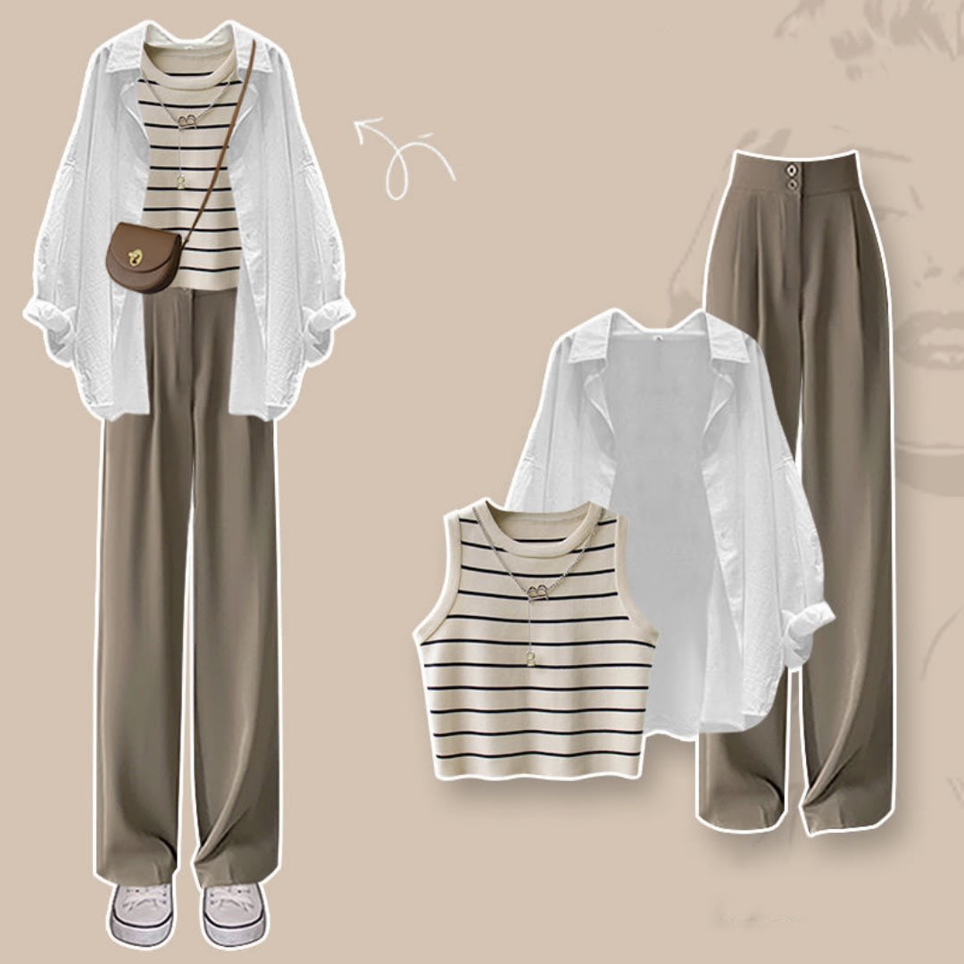 Spring Suit New Niche Design Shirt Striped Vest Wide Leg Pants Three-piece Set view 8