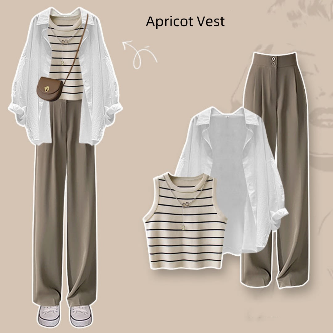 Spring Suit New Niche Design Shirt Striped Vest Wide Leg Pants Three-piece Set view 7