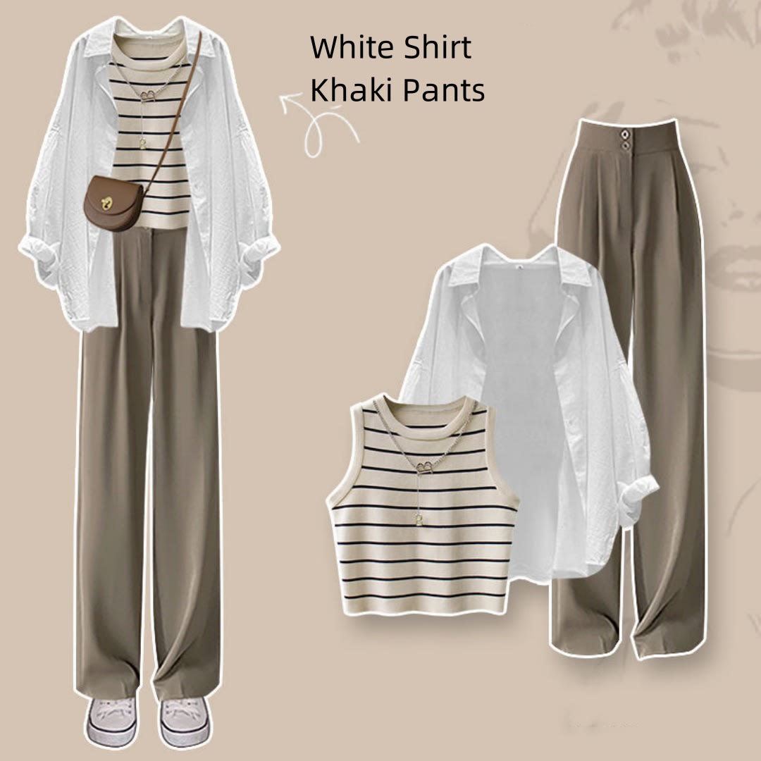 Spring Suit New Niche Design Shirt Striped Vest Wide Leg Pants Three-piece Set view 6
