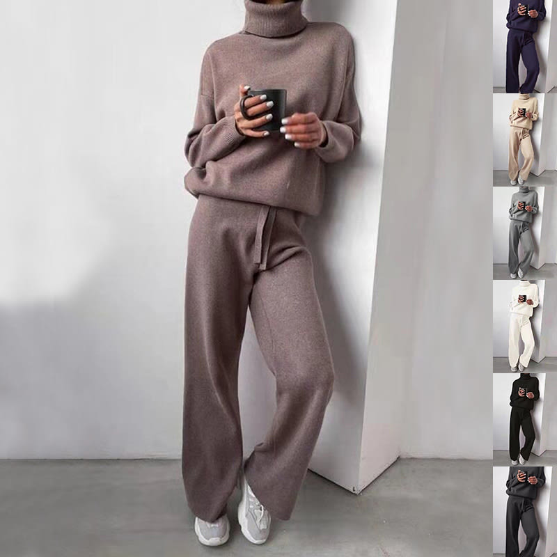 Casual Fashion Suits For Women Turtleneck Sweater And Drawstring Straight Pants view 3