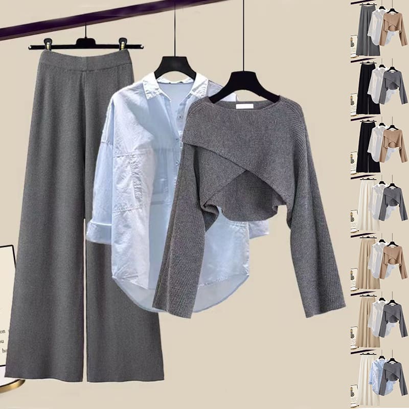 3pcs Knitted Sweater Suit With Shirt And Wide Leg Pants Autumn And Winter Suit Women view 17