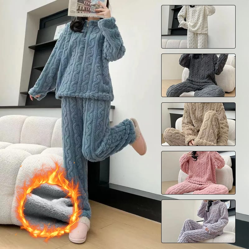 Autumn And Winter New Twist Zipper Couple Fleece-lined Thick Coral Fleece Pajamas Homewear Loungewear Sleepwear For Sleeping view 2