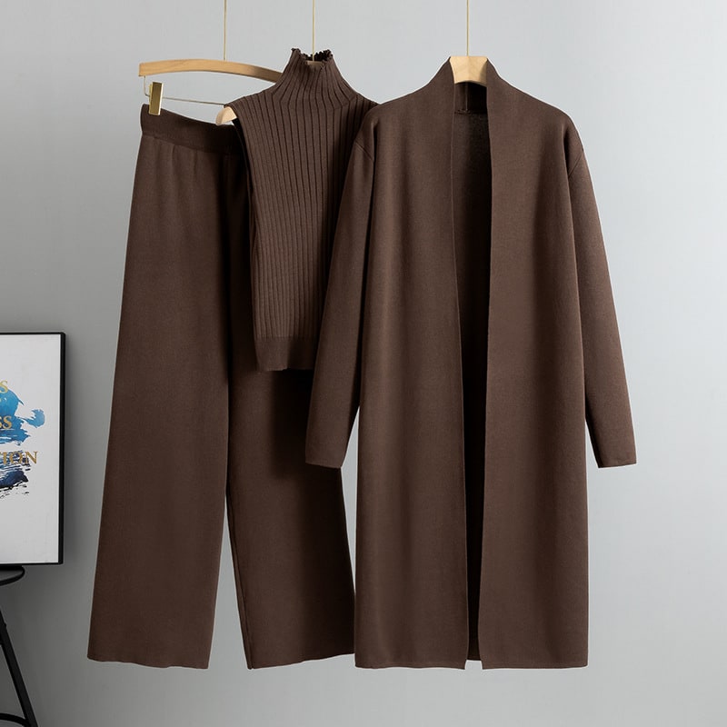3pcs Suits Women Fashion Knitting Sleeveless Vest Sweater Long Cardigan And Wide-leg Pants Three-piece Set view 3