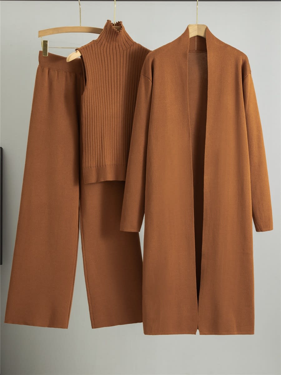 3pcs Suits Women Fashion Knitting Sleeveless Vest Sweater Long Cardigan And Wide-leg Pants Three-piece Set view 9