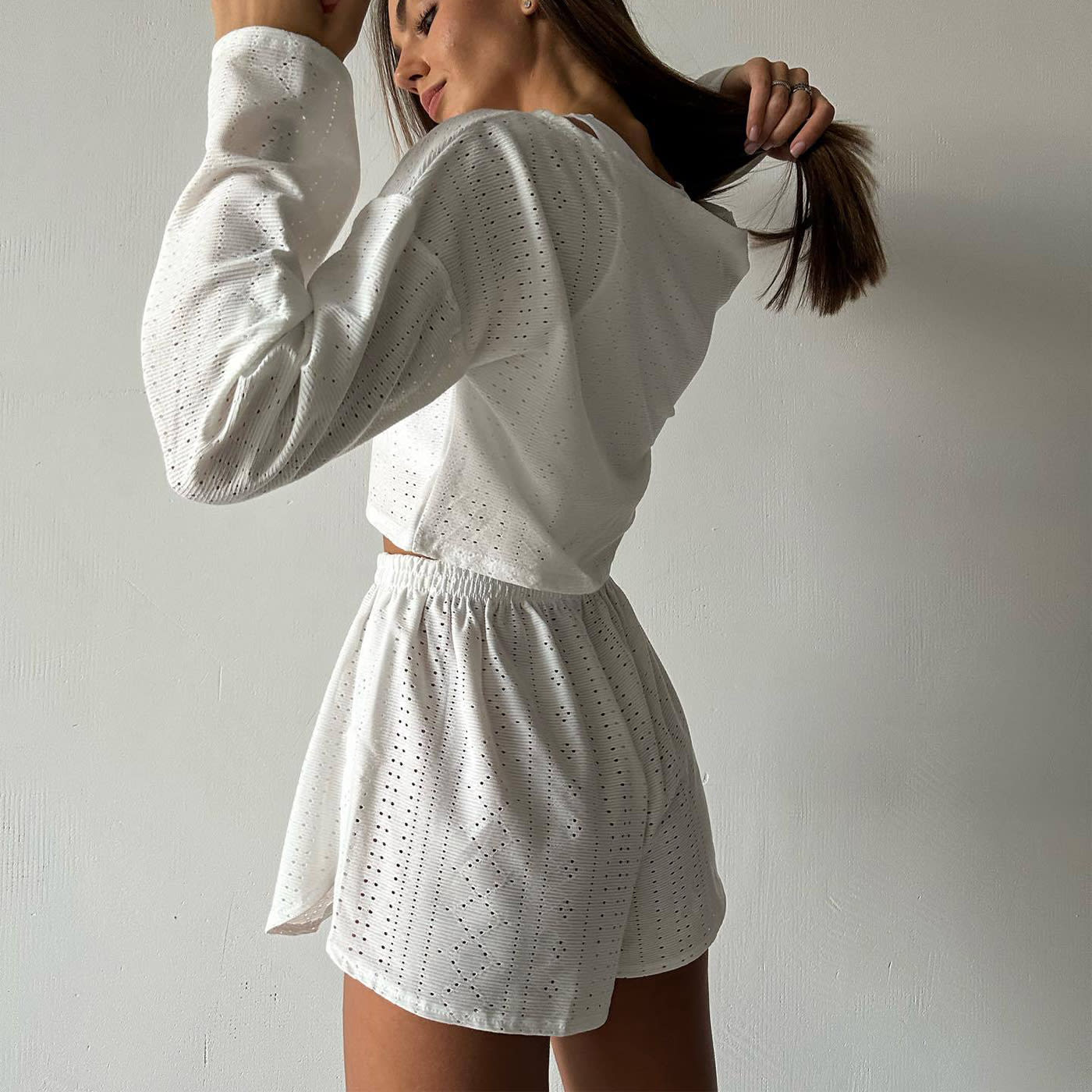 Hollow Long-sleeved Suit With Loose Round-neck Tops And Elastic Split Shorts Fashion Women's Clothing view 4