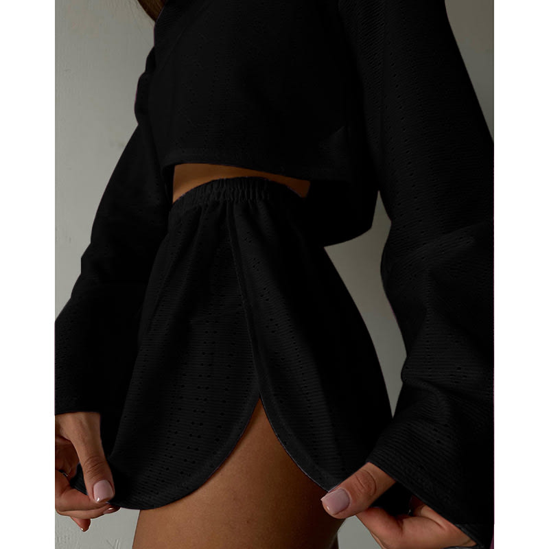 Hollow Long-sleeved Suit With Loose Round-neck Tops And Elastic Split Shorts Fashion Women's Clothing view 8