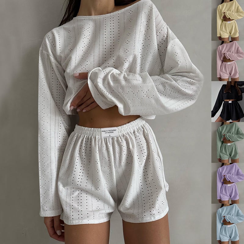 Hollow Long-sleeved Suit With Loose Round-neck Tops And Elastic Split Shorts Fashion Women's Clothing view 6