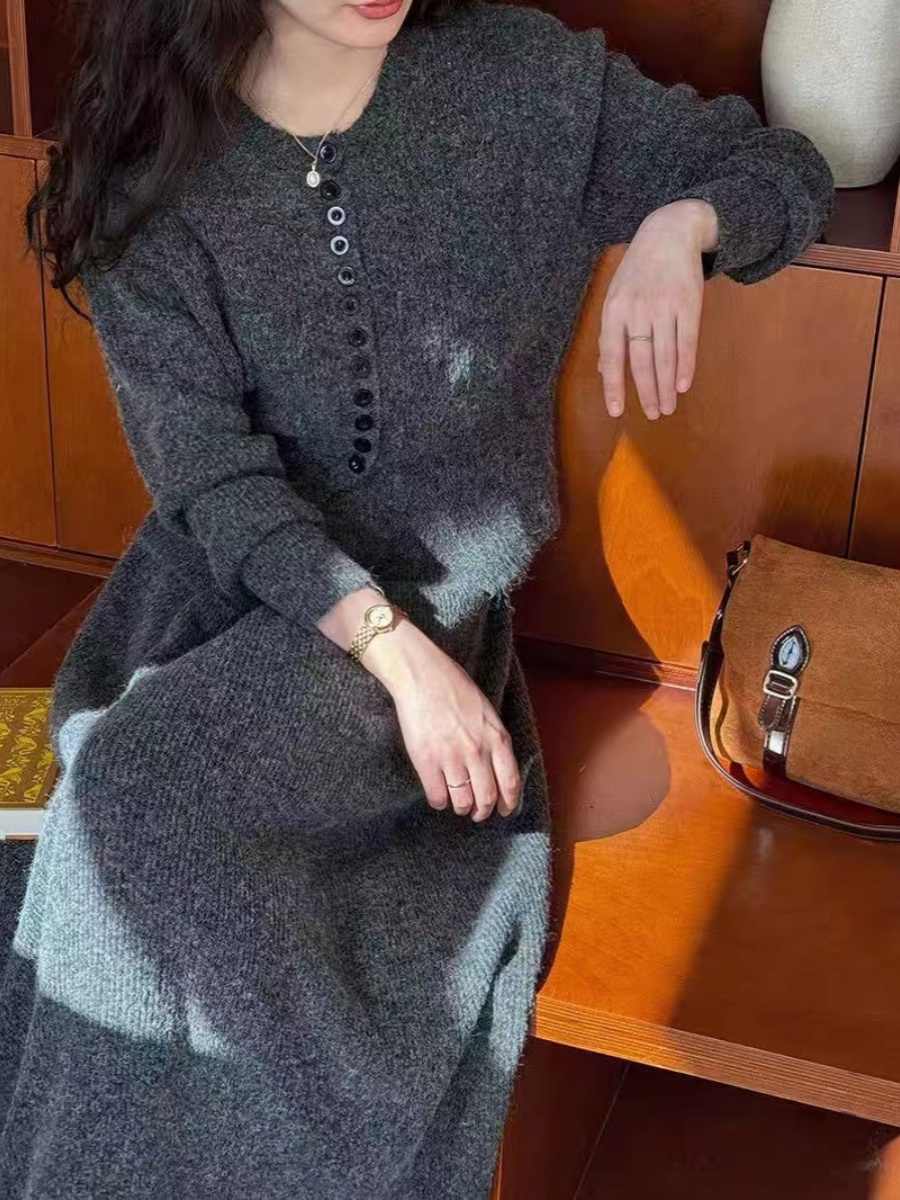 Round Neck Single-breasted Sweater Cardigan Skirt Two-piece Set view 4