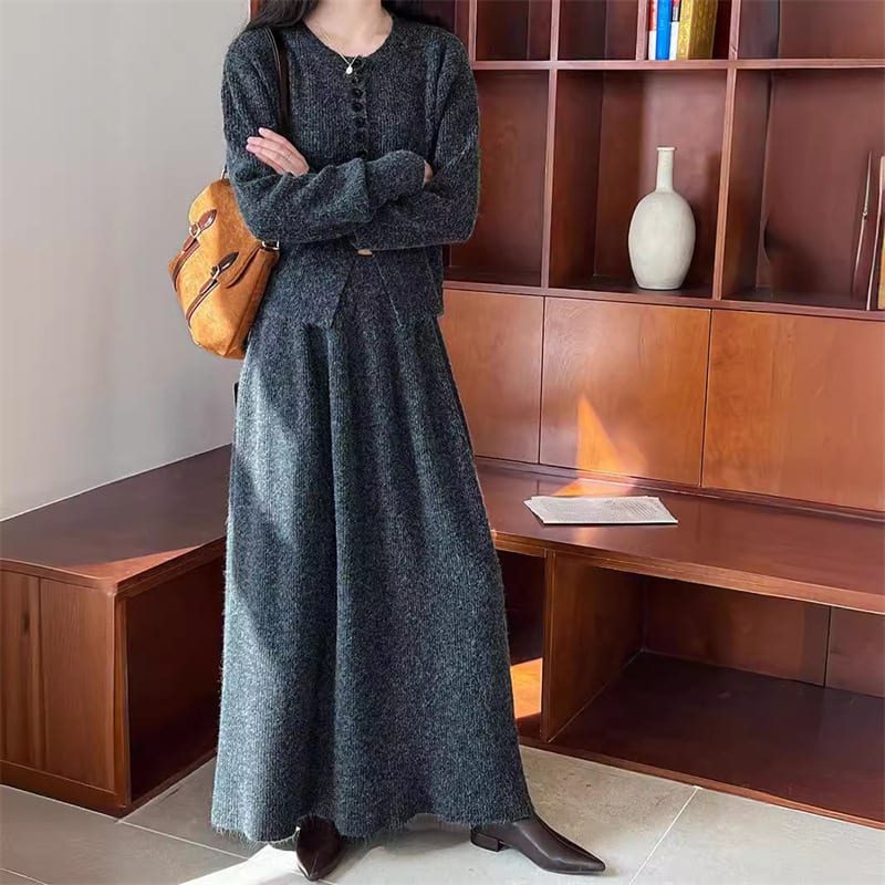 Round Neck Single-breasted Sweater Cardigan Skirt Two-piece Set view 5