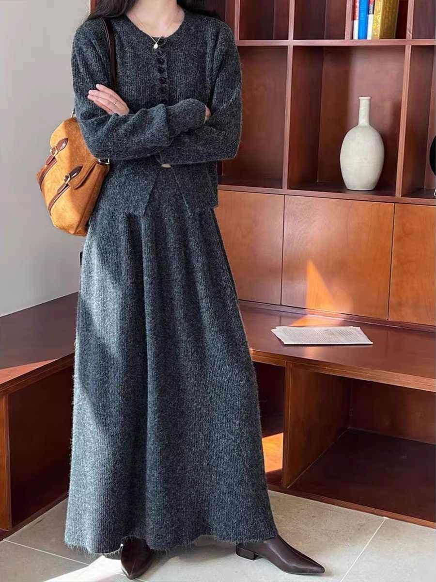 Round Neck Single-breasted Sweater Cardigan Skirt Two-piece Set view 2