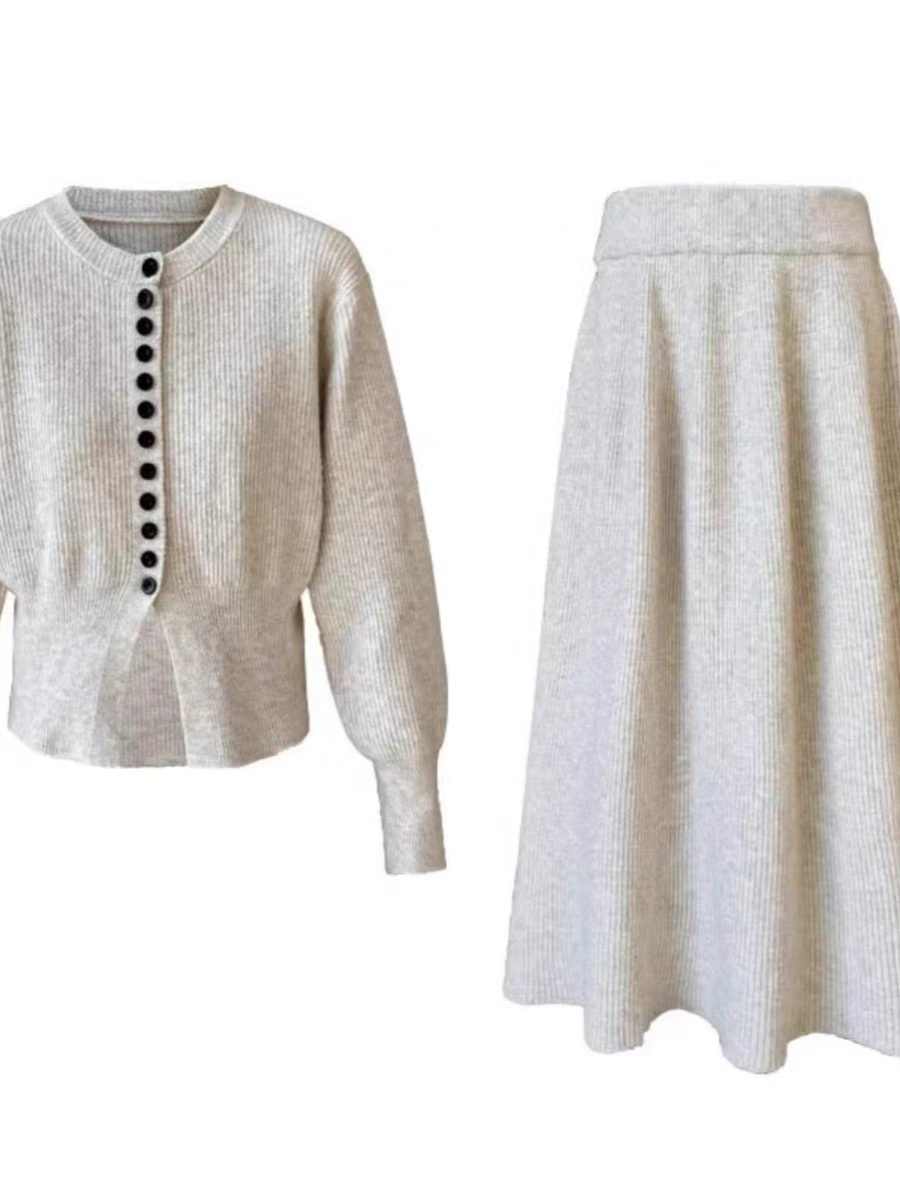 Round Neck Single-breasted Sweater Cardigan Skirt Two-piece Set view 3