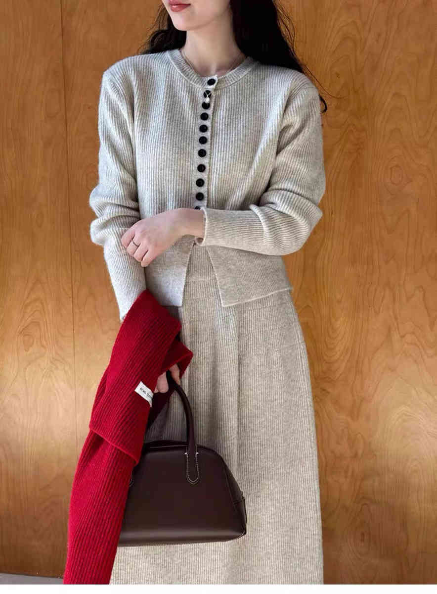 Round Neck Single-breasted Sweater Cardigan Skirt Two-piece Set view 8