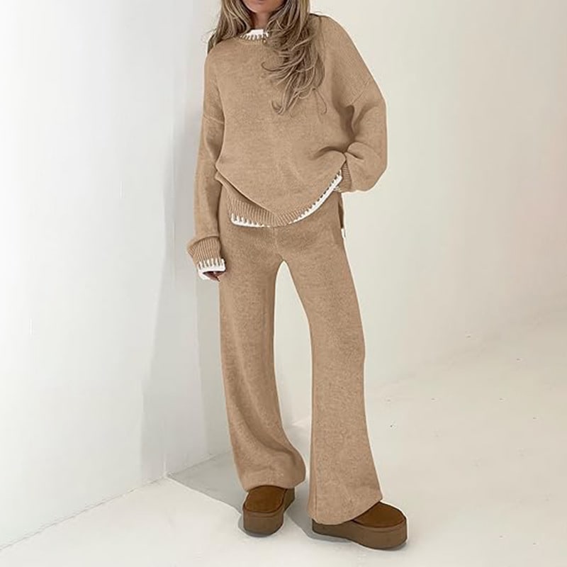 Sweater Knit Casual Long Sleeve Pullover Wide Leg Pants Suit view 4