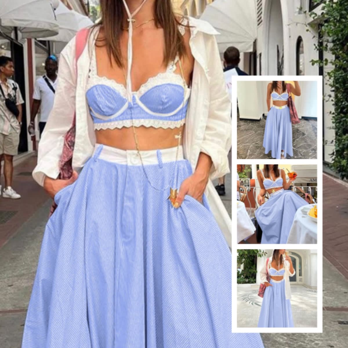 2 Pieces Lace Splicing Sling Vest High Waist Big Swing Skirt Fashion Blue Print Sets Spaghetti Strap Lace Bra And High Waisted Loose Pleated Skirts Sets view 3