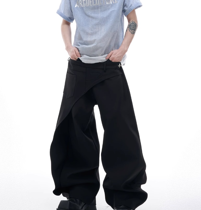 Fake Two-piece Cutting Piece Stitching Metal Buckle Casual Pants view 6