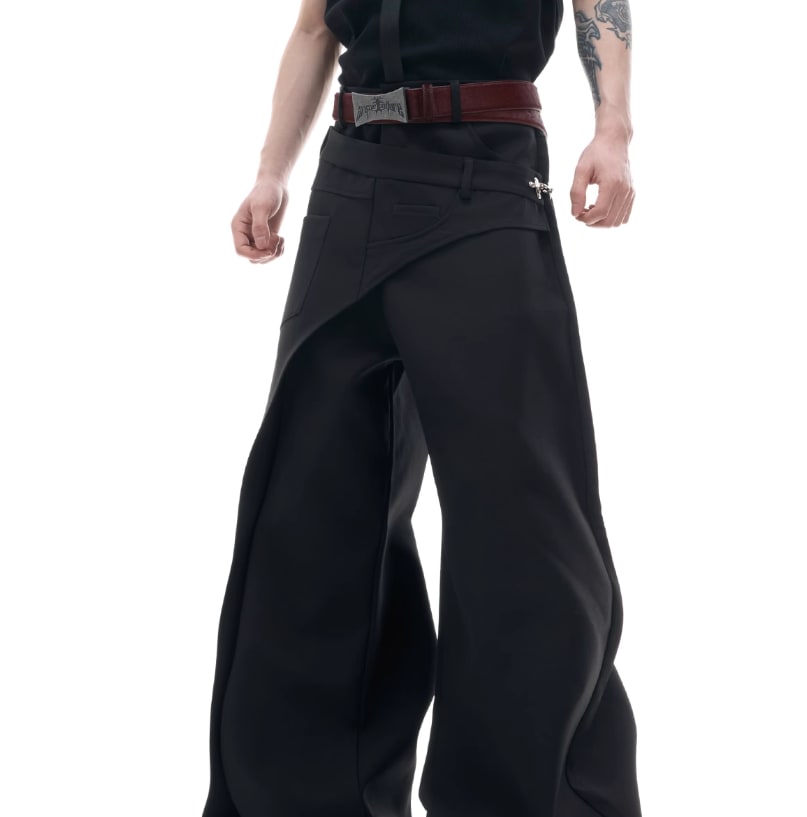 Fake Two-piece Cutting Piece Stitching Metal Buckle Casual Pants view 5
