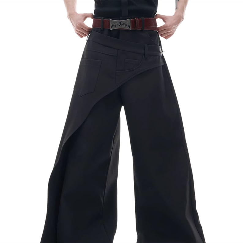 Fake Two-piece Cutting Piece Stitching Metal Buckle Casual Pants view 2