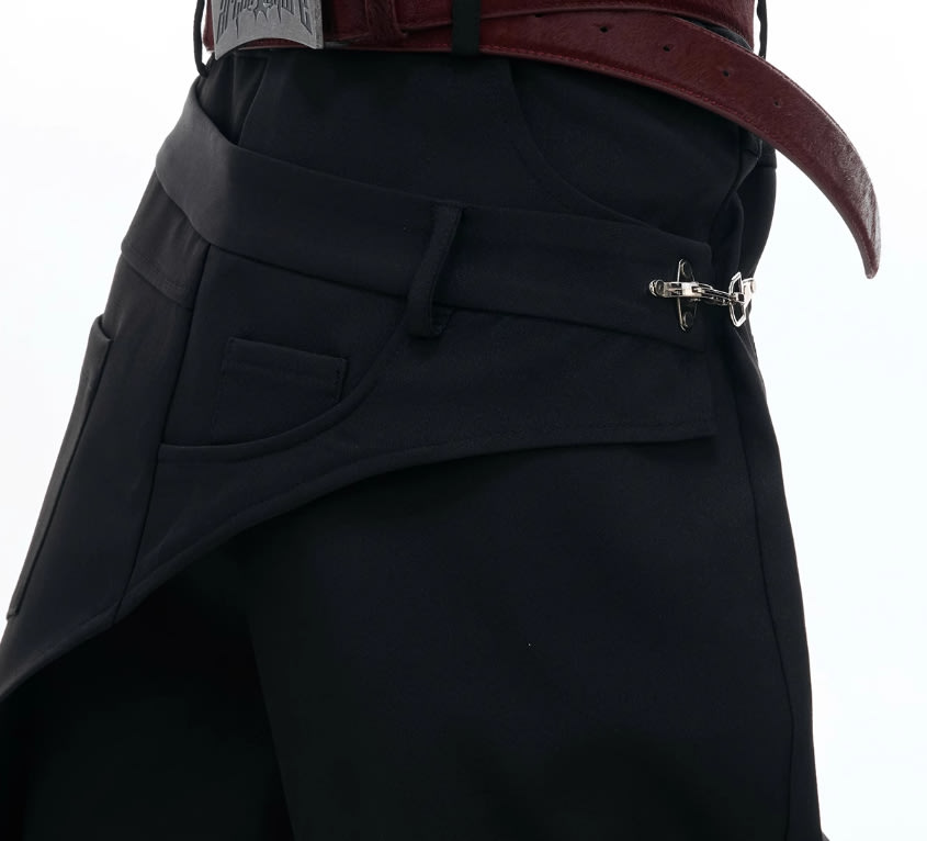 Fake Two-piece Cutting Piece Stitching Metal Buckle Casual Pants