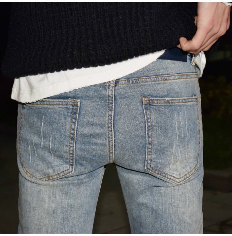 Light Blue Washed-out Vintage Distressed Stretch Jeans view 4